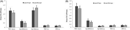 Figure 4. (A) Total anti-PTd and anti-FHA IgG antibody titers in sera of mice in different groups. PTd: pertussis toxoid; FHA: Filamentous hemagglutinin. (B) Anti-PTd and anti-FHA secretory IgA antibody titers in nasal wash of mice in different groups.