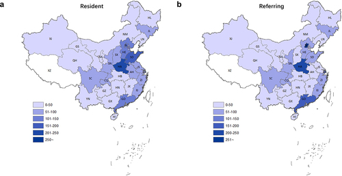 Figure 3. Geographic distributions of PrD cases in the provincial-level administrative divisions of Chinese mainland. A. based on the permanent resident places. B. based on the referring places.