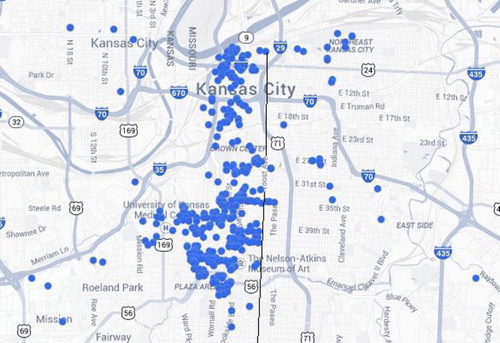 Figure 1. Map of apartments connected with Google Fiber in the Kansas City metropolitan area (courtesy of Google, “Apartments Connected with Fiber in Kansas City,” Google, https://fiber.google.com/propertymanager/kansascity/apartments/). I have highlighted the path of Troost Avenue as it cuts across Kansas City, Missouri so as to help illustrate the disparity of Fiber-ready apartments on the Kansas City eastside.
