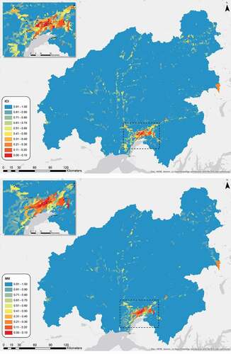 Figure 2. Maps of the ICI results (top) and the IWI results (bottom)