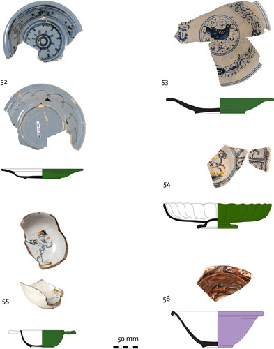 FIG. 16 WLO-155 (1595-1597/1601): Italian tin-glazed Berretino plate from Liguria (52. WLO-155-561), dish (53. WLO-155-437) and lobed dish from Montelupo (54. WLO-155-528), Faienza Compendiario bowl (55. WLO-155-374), and a North Italian marbled polychrome bowl (56. WLO-155-489) (photographs, Wiard Krook, drawings Ron Tousain, Monuments and Archaeology, City of Amsterdam). 