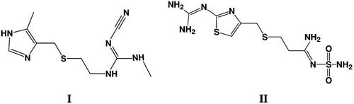 Figure 1.  Molecular structure of both Cimitidine (I) and Famotidine (II).