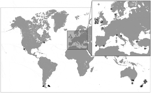 Fig. 1. Map showing geographic coverage of the examined samples. Insert: European Atlantic and Mediterranean Coasts. Light grey circle: Cladostephus spongiosus; grey quadrat: C. hirsutus; black triangle: C. kuetzingii. (Map courtesy of VectorWorldMap.com, vs. 2.1, Copyright 2009, Graphics Factory CC.)