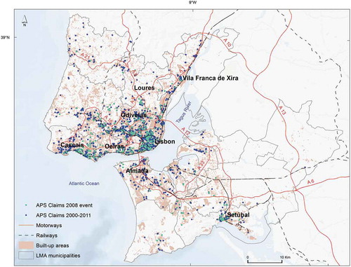 Figure 7. Spatial distribution of the total APS claims (2000–2011) and those resulting from the 2008 event in the LMA.