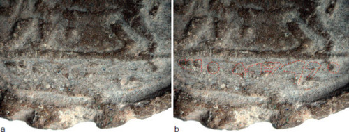 Fig. 3: a) View of the lower panel under stereomicroscope; b) the reconstructed reading (photo by Y. Goren)