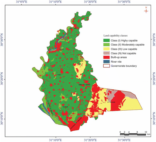 Figure 4. Urban settlements, extracted from Egypt Sat-1 image of 2009, overlaid on soil capability map.