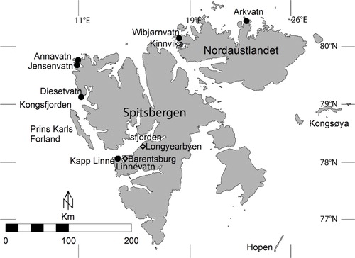 Fig. 1  Sampling sites in Svalbard. Arctic char (Salvelinus alpinus) were sampled in the lakes indicated on the map. In western Svalbard, glaucous gull (Larus hyperboreus) and common eider (Somateria mollissima) were sampled in Isfjorden, mainly around Kapp Linné, and Brünnich's guillemot (Uria lomvia) on Prins Karls Forland. In the north and east, eiders were sampled around Kinnvika on Nordaustlandet, gulls at Kinnvika and Kongsøya, and guillemots on Kongsøya and Hopen.