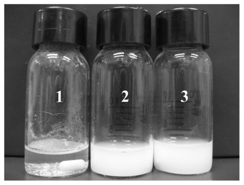 Figure 8 Pyrene (2.47 mM) in water (1) and with R3 (2, 100 μM), or R4 (3, 100 μM) in aqueous solution after stirring for 24 hours.Abbreviations: PY, (pyrene); PC, phosphatidylcholine vesicles.