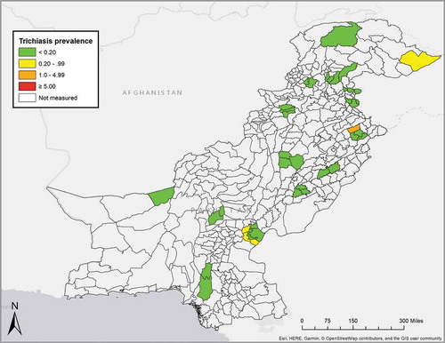 Figure 2. Evaluation unit (EU)-level prevalence of trichiasis unknown to the health system in ≥15-year-olds, adjusted for gender and age (see text), Global Trachoma Mapping Project, Pakistan, October–December 2015.