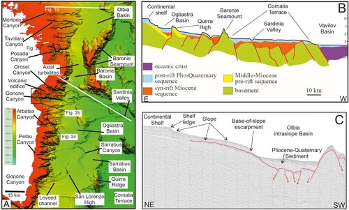 Figure 1. (A) Shaded relief map from multibeam bathymetric data of the eastern Sardinian margin. The continental shelf is in general narrow. Numerous canyons are present in the slope and feed deep-sea fans in the intra-slope basins. The latter are bounded seaward by structural highs. (B) Schematic cross-section illustrating the structural and stratigraphic setting of the eastern Sardinia margin down to the Vavilov back-arc area (location in Figure 1a; the eastern part of the map lies outside from the map of Figure 1a). Note the staircase of basin formed in extensional structural troughs. (C) Sesimic line BC44 showing the structures of the Olbia Basin, the most northern intraslope basin in the Sardinia margin (location in Figure 1a). The purple line marks the base of the Plio-Quaternary succession.