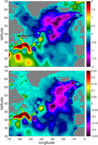Figure 4.3.1. Top: Temperature anomaly field (in °C) within the 100–400 m depth layer in 2016 (product reference 4.3.1). The reference period for anomaly computation is the mean over 2003–2014. Bottom: same for salinity (in g/kg). The white box corresponds to the control box used in Figure 2 to compute the depth-time diagram.