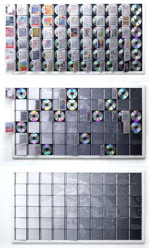 Figure 6. Collection of CDs produced from the archive giving form to students’ individual contributions while creating collective coherence when they close to form an image of the raven Grip.