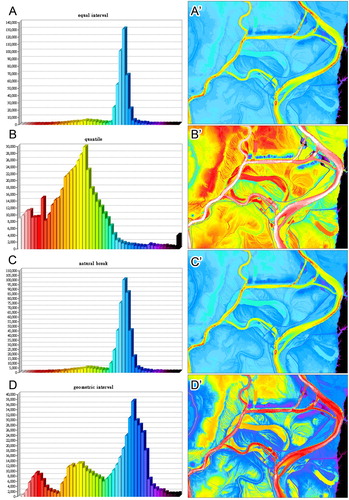 Figure 3. The cell value distributions and result maps for four classification methods. Here, Old River AOI is selected to demonstrate a variety of landforms and landscapes with different classification methods. In A through D, the y axis is the class number, and the x axis is the number of cells.