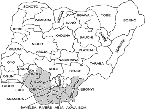 Figure 1. Nigeria and the Niger Delta states (indicated with grey shade) Source: Idemudia and Ite (Citation2006).