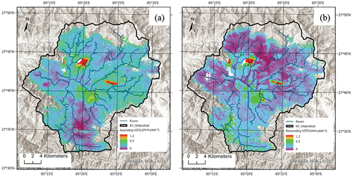 Figure 5. Maps of uncertainty in the subsidence rates. (a) Ascending velocity standard deviation. (b) descending velocity standard deviation. InSAR LOS velocity standard deviation ranges 0–1 mm year−1. The relative high values in velocity standard deviation could be caused by relatively high uncertainty values, or a non-linear signal in the time-series.