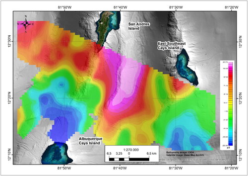 Figure 4. Magnetic pole reduction map of the study area. Magnetic surface reflecting the process of positioning correction for latitudinal effects. Grey background is the CIOH high-resolution bathymetry.