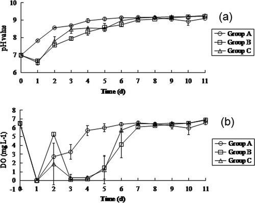 Figure 3. Effects of probiotics on pH values (a) and DO values (b) in wastewater treatment.