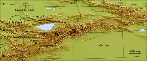 Figure 2. Map of the study area, with elevation, country borders, and major cities. A–E denote the location of landform examples shown in Figure 3.