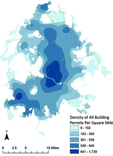 Figure 2. Density of all Austin building permits 1990–2009.