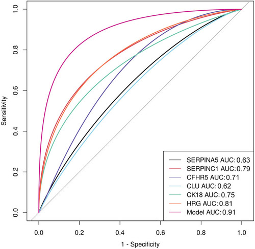 Figure 3 ROC curve for GH prediction (n=29). ROC curves of SERPINA5, SERPINC1, CFHR5, clusterin, CK18, HRG alone, and the combined model are marked by different colors and AUCs are listed in the bottom right corner.