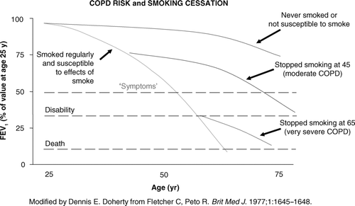 Figure 1A Source (Citation[36]), permission to reproduce required. “Risks” for various men if they smoke: differences between these lines illustrate effects that smoking, and stopping smoking, can have on FEV1 in those men who are liable to develop chronic obstructive lung disease if they smoke. “Death” indicates deaths whose underlying cause is irreversible chronic obstructive lung disease, whether the immediate cause of death is respiratory failure, pneumonia, cor pulmonale, or aggravation of other heart disease by respiratory insufficiency. [These data are the composite of several individuals measured at various times (cross-sectional) and not following patients over several years (not longitudinal)]. Although this shows rate of loss of FEV, for one particular susceptible smoker, other susceptible smokers will have different rates of loss, thus reaching ‘disability’ at different ages” (Citation[36]).