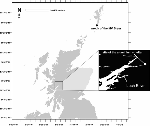 FIGURE 1 Map showing the location of Loch Etive, where mussels have been collected on a monthly basis. Also the site of the Loch Leven aluminium smelter, which closed in 2000, is shown as is the location of the Braer oil spill which occurred in 1993.