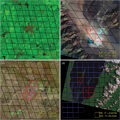 Figure 11. (a) FDC GOES-16 urban false alarm in Brazil; (b) FRP-PIXEL GOES-16 bare ground false alarm in California; (c) FDC GOES-16 solar farm false alarm in Texas; (d) FRP-PIXEL GOES-16 water mask false alarm in Brazil. Red grid cells represent pixels identified as fire, blue represents pixels identified as water/invalid ecosystems, white represents clouds, yellow represents blocked-out pixels, and black represents pixels identified as clear land. The coordinates of the pixel centre represent the grid cell marked with a red ‘×’.