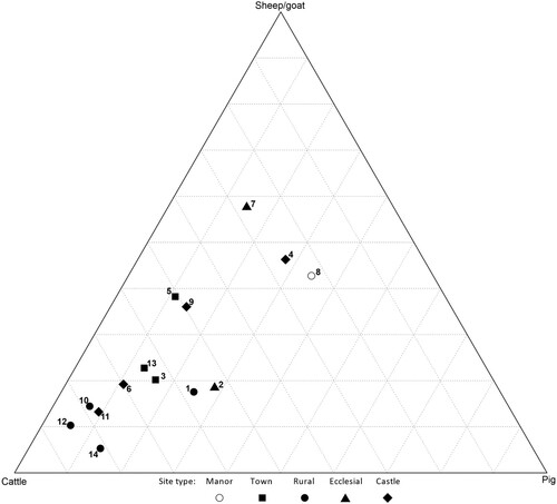 Figure 2. Ternary plot of cattle, sheep and goats, and pigs in the medieval sites (NISP), organised by site type. Sites; 1) Valkeakoski Riihimäki 2) Rauma Franciscan Convent 3) Ulvila Isokartano 4) Eurajoki Liinmaa Castle 5) town of Turku 6) Kaarina Kuusisto Castle 7) Naantali The Bridgettine Abbey 8) Salo Vanhakartano 9) Raasepori Castle 10) Espoo Mankby 11) Helsinki Vartiokylä 12) Vantaa Gubbacka 13) Porvoo Raatihuoneentori 14) Hanko Gunnarsängen Data and references in supplementary tables 1 and 2.