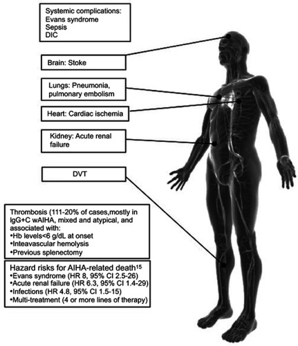 Figure 1 Main complications and risks factors for fatality in primary AIHAs. AIHAs show great clinical heterogeneity, including symptoms related to anemia, thrombotic events, infectious complication, acute renal failure, and circulatory disabling symptoms (typical of cold AIHA).