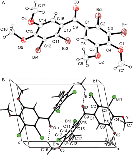 Figure 2.  (A) The molecular structure of tetrabromide 9 showing the atom numbering scheme. Thermal ellipsoids are drawn at the 40% probability level. (B) packing diagram and H bonding geometry along the a-axis. (symmetry code a: 2-x. 1-y.1-z).