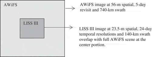 Figure 1. Overlapped LISS III at the center portion of full AWiFS scene in simultaneous acquisition.