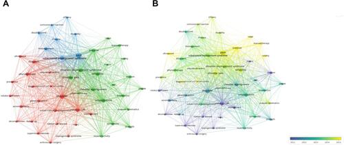 Figure 3 Keyword analysis. (A) Network visualization map showing cluster analysis of keywords associated with SIS. Different colours represent different clusters, red for treatment cluster, green for symptoms cluster and blue for diagnosis cluster (B) Network visualization map showing evolution of keyword frequency over time. Colors were assigned according to the average year in which keywords appeared in articles.