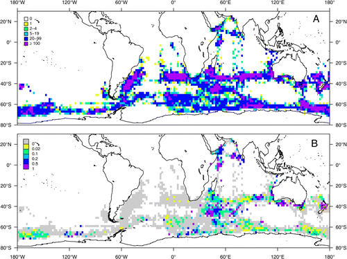 Figure 3  Increased blue whale presence in the South Taranaki Bight (red boxes in B and D) from Soviet catches between 1958–73 in the Southern Hemisphere (A and B) and sightings from Japanese Scouting Vessels (JSV) between 1965 and 1987 (C and D). A, Number of Soviet catches of all large cetaceans in each 2° grid cell, to be used as a rough measure of effort compared with B, the proportion of large cetacean catches in each 2° grid cell that were blue whales. C, JSV survey effort in km to be compared with D, sightings of blue whales per unit effort in each 2° grid cell (no effort in the northern Indian Ocean). Figures taken from Branch et al. (Citation2007); reprinted with permission from T. Branch, Mammal Review and John Wiley & Sons Ltd. Publishing.