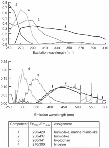 FIGURE 3. The excitation (top) and emission (bottom) spectra for the 4 components identified by the PARAFAC model. The assignment of these fluorophores as compounds is taken from the literature (Parlanti et al., 2000; CitationYamashita and Tanoue, 2003; CitationCoble, 2007).