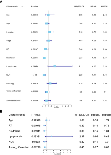 Figure 3 Forest plots of clinicopathologic characteristics in the RT and Non-RT groups by (A) univariate and (B) multivariate analyses. P-values were calculated using the Cox regression model.