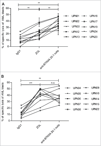 Figure 6. Anti-BTN3A 20.1 mAb can overcome N-BP poor sensitization of monocyticLow AML. (A) Specific lysis of monocyticLow AML blasts (n = 10) and (B) monocyticHigh AML blasts (n = 10) by Vγ9Vδ2 T cells from HV after treatment with IgG1, ZOL (O/N, 45 μM), or anti-BTN3A 20.1 mAb. Data are shown for E:T 30:1. Results were expressed as mean ± SEM and statistical significance was established using the non-parametric paired Wilcoxon U-test. *p < 0.05; 0.001 <**p  <  0.01; ***p < 0.001.