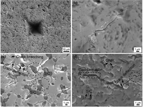 Figure 4. SEM images of indentations and indentation crack paths in the polished surfaces of (a) and (b) sample 100N, (c) sample 30S, and (d) sample 25S5G. Note that the magnifications vary.