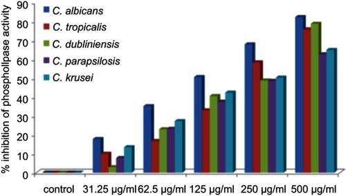 Figure 6 Effects of different concentration of ScAgNPs on production of extracellular phospholipases.Abbreviation: ScAgNPs, Syzygium cumini silver nanoparticles.