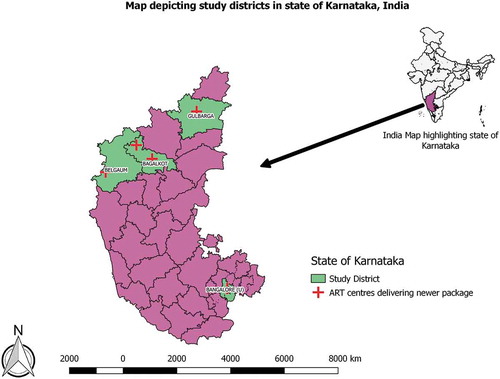 Figure 1. Map of study districts and ART centres delivering new care package in the state of Karnataka during January to December, 2016.