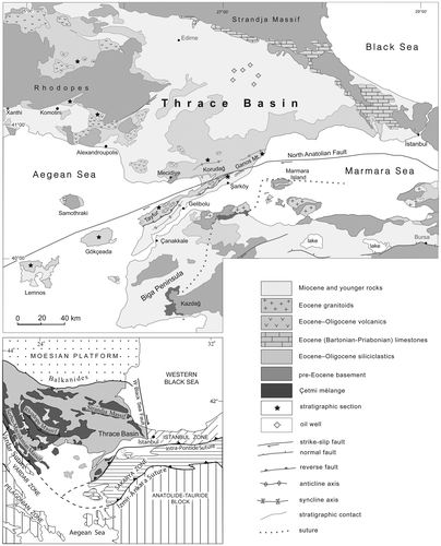 Figure 1. Schematic geological map of the Thrace and Marmara region (compiled from Andronopoulos, Citation1978; Konak, Citation2002; Maratos et al., 1977; Okay et al., Citation2010; Papadopoulos, Citation1980). The smaller box (lower left) shows the position of Thrace Basin with respect to main tectonic domains. Legend refers only to geological map.