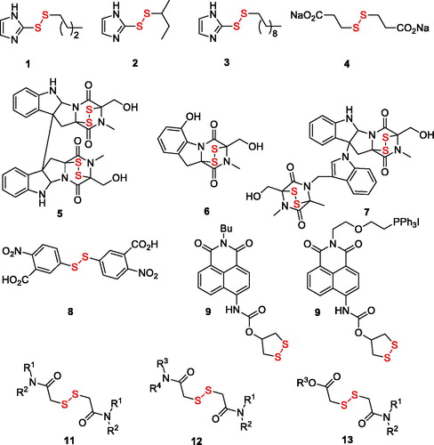 Figure 1. Known disulphide TrxR inhibitors (1–7) and fluorescent probes (8–10) as well as compounds explored in this work (11–13).