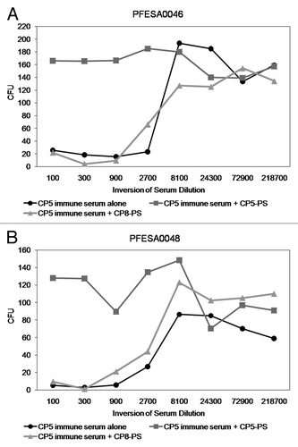 Figure 4. Anti-capsular antibodies show antigen specific killing for MRSA strain PFESA0046 and PFESA0048. CP5 immune rhesus macaque serum OP activity against (A) PFESA0046 and (B) PFESA0048 strains was competed with 1μg of either purified CP5-PS (homologous polysaccharide) or CP8-PS (heterologous polysaccharide). Abrogation of kill activity in the presence of homologous polysaccharide demonstrates that the assay is specific.