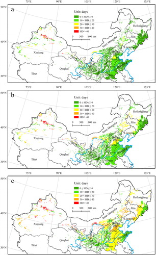 Figure 3. Spatial distribution of HD in northern China (a. 2011–2040; b. 2041–2070; c. 2071–2099).