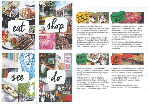 Figure 7. The City of Greater Dandenong brochures; exotic food and clothes. Printed brochures. Courtesy: City of Greater Dandenong.