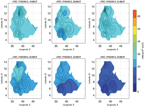 Figure 4. vTEC maps of Ethiopia from 19:00–24:00 UT on 17 March 2013.