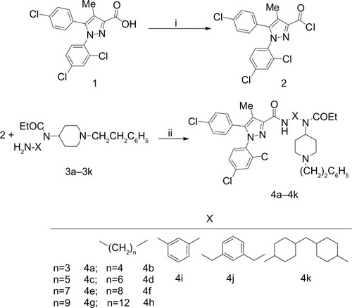 Figure 3 Synthesis of the pyrazole carboxamide derivatives 4a–4k. Reagents and conditions: (i) SOCl2, toluene, Δ (reflex temperature); (ii) CH2Cl2, Et3N, room temperature.