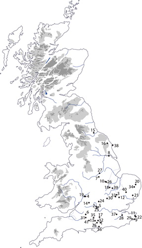 FIG 2. Cemeteries included in this study: 1 Apple Down, West Sussex, 2 Abingdon, Oxfordshire, 3 Barrington, Cambridgeshire, 4 Beckford B, Hereford and Worcester, 5 Berinsfield, Oxfordshire, 6 Blacknall Field, Wiltshire, 7 Broughton Lodge, Nottinghamshire, 8 Castledyke South, Lincolnshire, 9 Dover Buckland, Kent, 10 Empingham II, Rutland, 11 Finglesham, Kent, 12 Great Chesterford, Essex, 13 Kingsworthy, Hampshire, 14 Lechlade, Oxfordshire, 15 Norton, Cleveland, 16 West Heslerton, North Yorkshire, 17 Alton, Hampshire, 18 Alwalton, Cambridgeshire, 19 Beckford A, Hereford and Worcester, 20 Bergh Apton, Norfolk, 21 Coddenham, Suffolk, 22 Deal, Kent, 23 Didcot, Oxfordshire, 24 Dinton, Buckinghamshire, 25 Droxford, Hampshire, 26 Empingham I, Rutland, 27 Gunthorpe, Peterborough, 28 Holborough Hill, Kent, 29 Lyminge, Kent, 30 Marina Drive, Dunstable Bedfordshire, 31 Market Lavington, Wiltshire, 32 Meonstoke, Hampshire, 33 Melbourn, Cambridgeshire, 34 Morning-Thorpe, Norfolk, 35 Portway Andover, Hampshire, 36 Ports Down, Hampshire, 37 Orpington, Kent, 38 Sewerby, East Yorkshire, 39 Wakerley, Northamptonshire, 40 Westgarth Gardens, Suffolk, 41 Winterbourne Gunner, Wiltshire. Drawn by D Sayer ©.