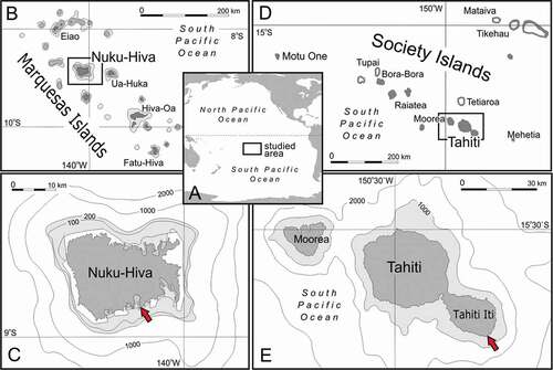 Figure 1. Map of sampling sites. (a): Overview of French Polynesia in the South Pacific Ocean. (b,c): Sampling site at Nuku Hiva Island (Marquesas Islands). (d,e): Sampling site at Tahiti Iti peninsula. Red arrows indicate the position of caves where lithistids were collected
