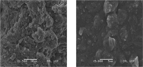 Figure 8. SEM images for eutectic-folic acid blend (AF55F) with different magnifications: 2500 (left) and 5000 (right).
