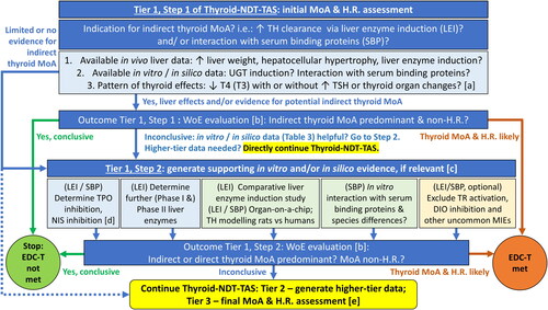 Figure 5. Decision-tree for MoA and human relevance assessment embedded in Tier 1 and Tier 3 of the ECETOC and CLE Thyroid-NDT-TAS.DIO: deiodinase; EDC-T: endocrine disruptor criteria for thyroid modality; H.R.: human relevance; LEI: liver enzyme induction; MoA: mode-of-action; NIS: sodium – iodide symporter; SBP: serum binding protein; T3: triiodothyronine; T4: thyroxine; TH: thyroid hormone; TPO: thyroid peroxidase; TR: thyroid receptor (nuclear); TSH: thyroid stimulating hormone; UGT: uridine diphosphate glucuronyltransferase.Colour legend: dark blue boxes: Step 1 and Step 2 of the MoA and human relevance assessment; light blue boxes: elements of the assessment; blue arrows: continuation of evaluation; dotted blue arrow: expert judgement that Step 2 of Tier 1 should be skipped to directly continue to Tier 2 to generate higher-tier data; light green boxes: optional elements of the assessment as the respective parameters have not yet been formally adopted for regulatory use; ochreous box: optional assessment as the corresponding MIEs seem to be less frequent; red-brown vs green arrows and text: findings leading to conclusion that the EDC-T are met (red-brown circle)/are not met (green circle). Yellow shape: continuation of Thyroid-NDT-TAS.[a] TSH likely not increased, and no thyroid organ changes, if only in utero/developmental exposure to substances enhancing thyroid hormone clearance (Marty et al. Citation2022).[b] See Section 2.3.1 for elements to consider during the WoE evaluation.[c] Apply expert judgement to determine which type of supporting in vitro and/or in silico evidence may be relevant for the substance of interest.[d] Primarily TPO and NIS inhibition need to be excluded, as thyroid-related parameters are similarly affected by substances acting via a direct thyroid-related MoA. Also, depending on the thyroid hormone effect pattern (e.g. increased serum T4), substance interaction with DIOs needs to be excluded.[e] The final MoA and human relevance assessment shall serve to answer the questions: Is the adverse effect not a consequence of thyroid MoA? If the substance has a thyroid MoA, is it not relevant for humans?